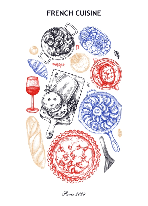 French food poster. Vintage food and wine sketches. European restaurant menu design. France background. Hand-drawn vector illustration, NOT AI generated